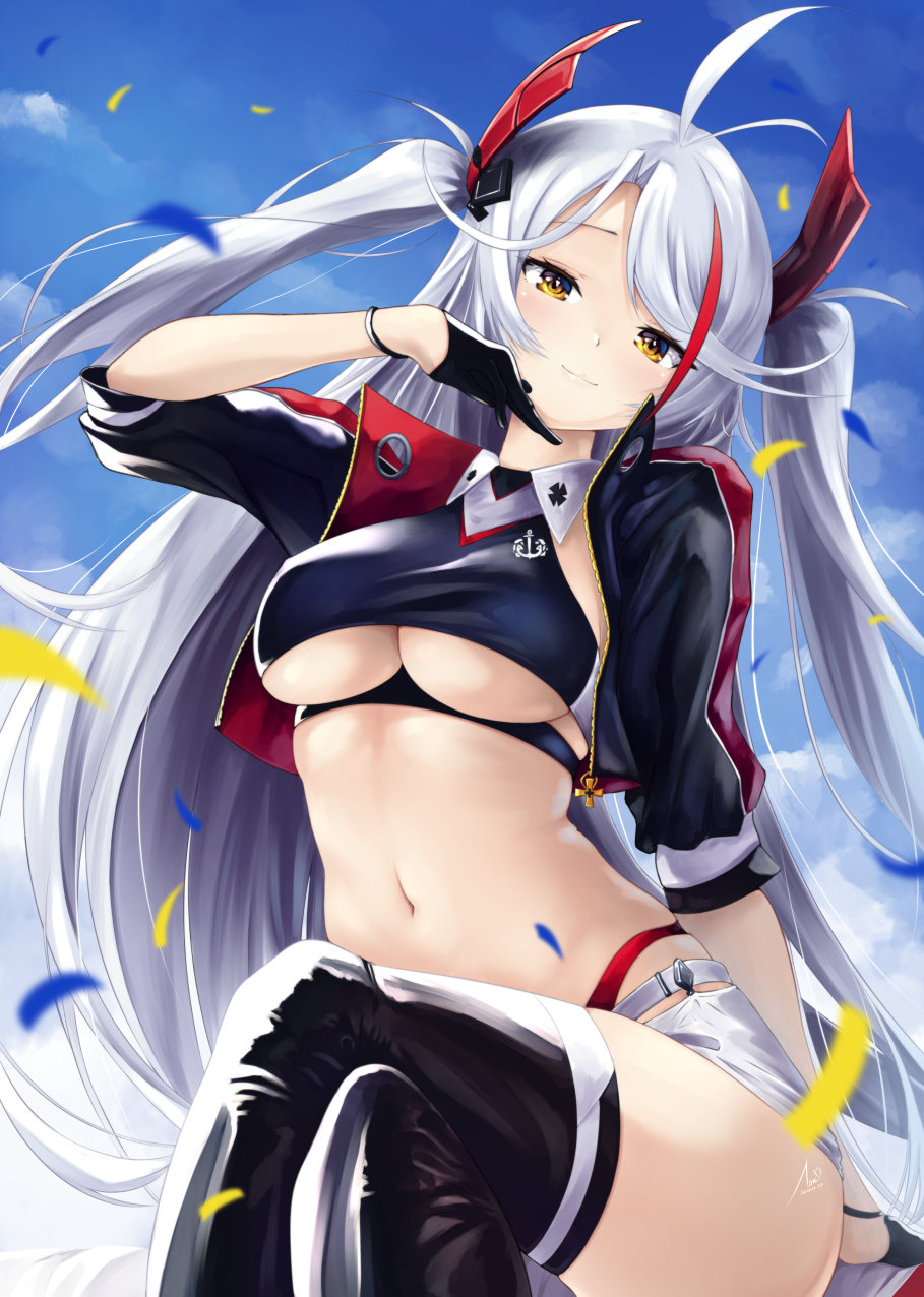 1girl azur_lane belt black_gloves black_legwear blue_sky breasts clothing_cutout confetti cropped_shirt crossed_legs gloves half_gloves headgear highres jacket long_hair looking_at_viewer mimelex multicolored_hair navel official_alternate_costume open_clothes open_jacket panties panty_straps prinz_eugen_(azur_lane) prinz_eugen_(final_lap)_(azur_lane) purple_jacket racequeen red_panties redhead silver_hair sitting sky smile solo streaked_hair thigh-highs two-tone_skirt under_boob underboob_cutout underwear very_long_hair white_belt yellow_eyes zipper