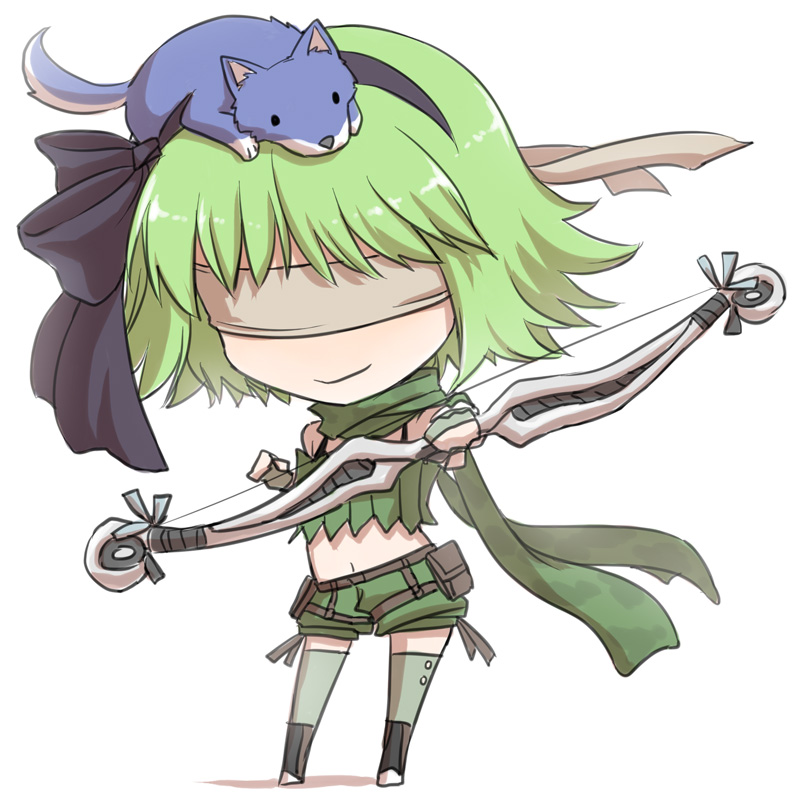 1girl bangs belt black_bow black_hairband blindfold bow bow_(weapon) bow_hairband bra_strap brown_belt camouflage_scarf chibi closed_mouth commentary_request fingerless_gloves full_body gloves green_gloves green_hair green_legwear green_scarf green_shorts green_tube_top hairband holding holding_bow_(weapon) holding_weapon midriff natsuya_(kuttuki) navel pouch ragnarok_online ranger_(ragnarok_online) scarf short_hair shorts simple_background smile solo thigh-highs weapon white_background wolf