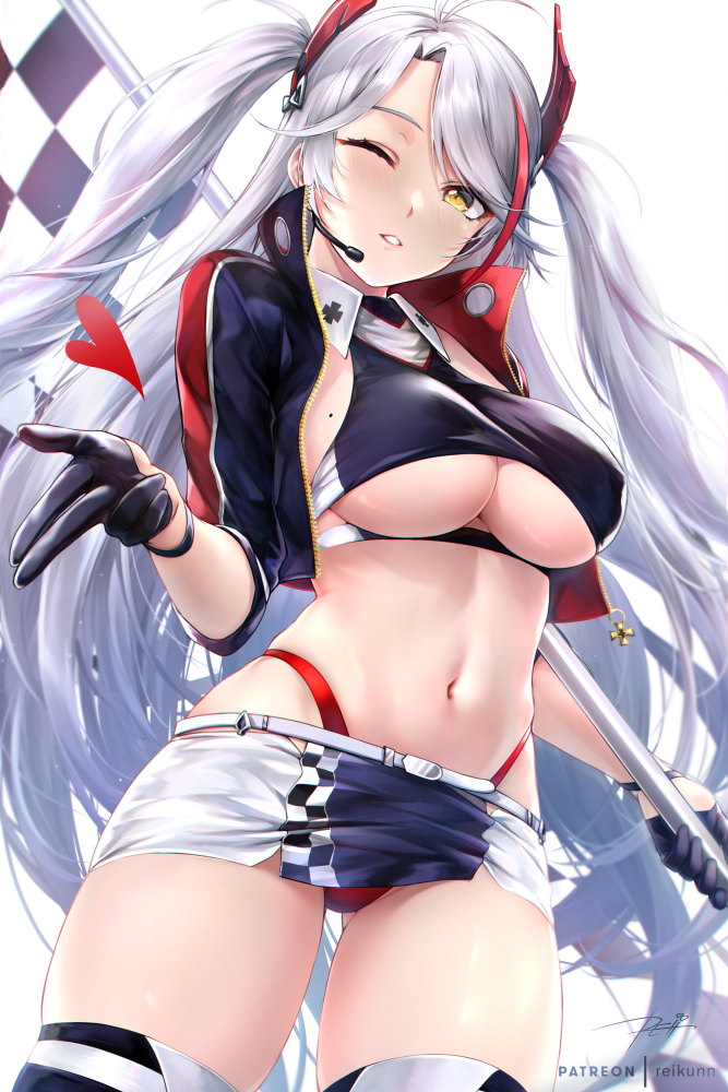 1girl azur_lane bangs belt black_jacket blush breasts checkered checkered_flag clothing_cutout cropped_jacket earpiece flag gloves half_gloves holding holding_flag jacket large_breasts long_hair looking_at_viewer multicolored_hair official_alternate_costume one_eye_closed open_clothes open_jacket orange_eyes panties panty_straps parted_lips prinz_eugen_(azur_lane) prinz_eugen_(final_lap)_(azur_lane) racequeen red_panties rei_kun silver_hair smile solo streaked_hair thigh-highs thighs two-tone_skirt two_side_up under_boob underboob_cutout underwear white_belt
