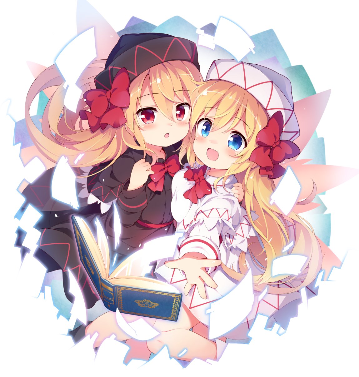 2girls baku-p blonde_hair blue_eyes book capelet dual_persona fairy_wings hat highres lily_black lily_white multiple_girls open_mouth red_eyes ribbon touhou white_capelet white_headwear wings