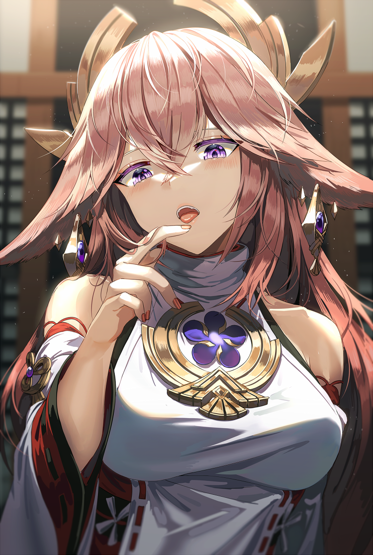 1girl bangs bare_shoulders blush breasts crossed_bangs detached_sleeves genshin_impact japanese_clothes large_breasts long_hair long_sleeves miko open_mouth pink_hair silence_girl solo tongue tongue_out upper_body violet_eyes yae_(genshin_impact)