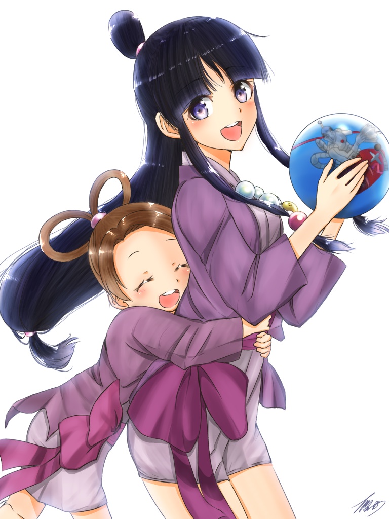 2girls ace_attorney black_hair brown_hair hair_ornament half_updo japanese_clothes jewelry kimono long_hair looking_at_viewer magatama mar0maru maya_fey multiple_girls necklace open_mouth pearl_fey simple_background smile white_background
