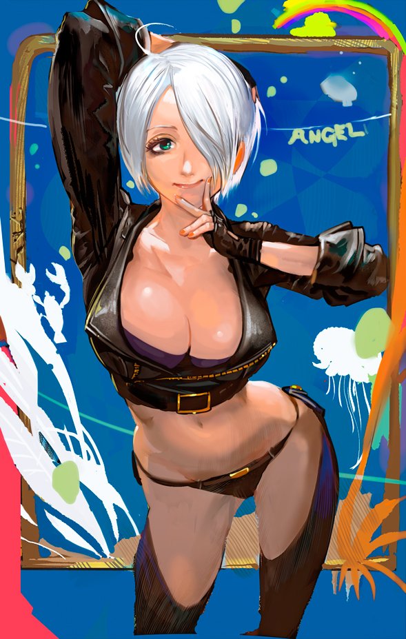1girl angel_(kof) arms_behind_head arms_up bangs blue_eyes boots bra breasts chaps cowboy_boots cropped_jacket fingerless_gloves gloves hair_over_one_eye jacket large_breasts leather leather_jacket looking_at_viewer nao3art navel smile snk solo strapless strapless_bra the_king_of_fighters the_king_of_fighters_2001 the_king_of_fighters_all-stars the_king_of_fighters_xiv toned underwear white_hair