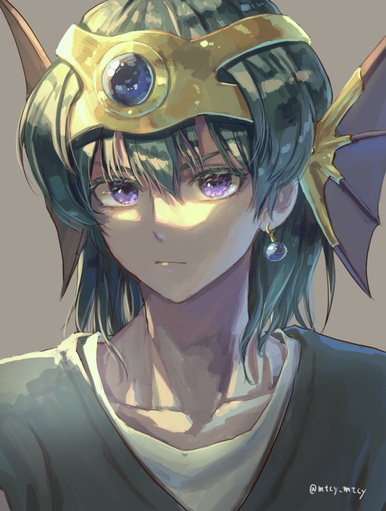 1boy dragon_quest dragon_quest_iv eyelashes frown green_hair head_wings headpiece hero_(dq4) looking_at_viewer macho_ojiji male_focus medium_hair portrait serious simple_background slime_(creature) solo twitter_username violet_eyes