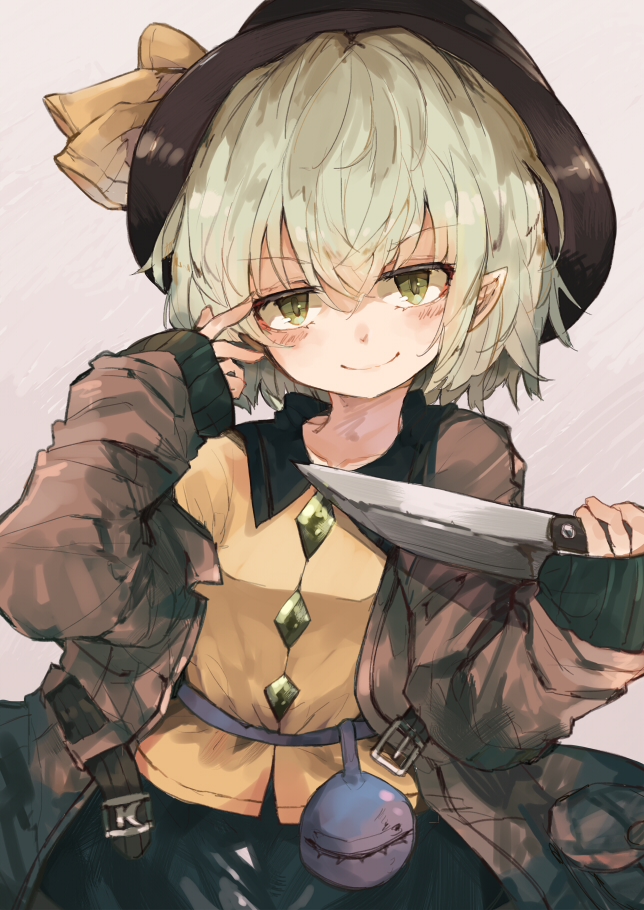 &gt;:) 1girl banned_artist black_headwear blush brown_jacket collared_shirt commentary_request eyeball frilled_shirt_collar frills green_eyes green_hair green_skirt hat hat_ribbon jacket knife komeiji_koishi long_sleeves looking_at_viewer pointy_ears ribbon shirt skirt smile solo third_eye touhou v-shaped_eyebrows wavy_hair wide_sleeves yellow_ribbon yellow_shirt zairen