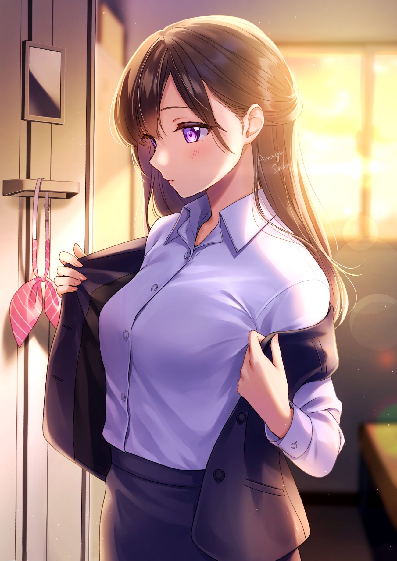 1girl amagi_shino bangs blue_shirt blush bow breasts brown_hair collared_shirt dress_shirt hair_behind_ear half_updo highres indoors locker locker_room medium_breasts mirror original shirt shirt_tucked_in taking_off violet_eyes window