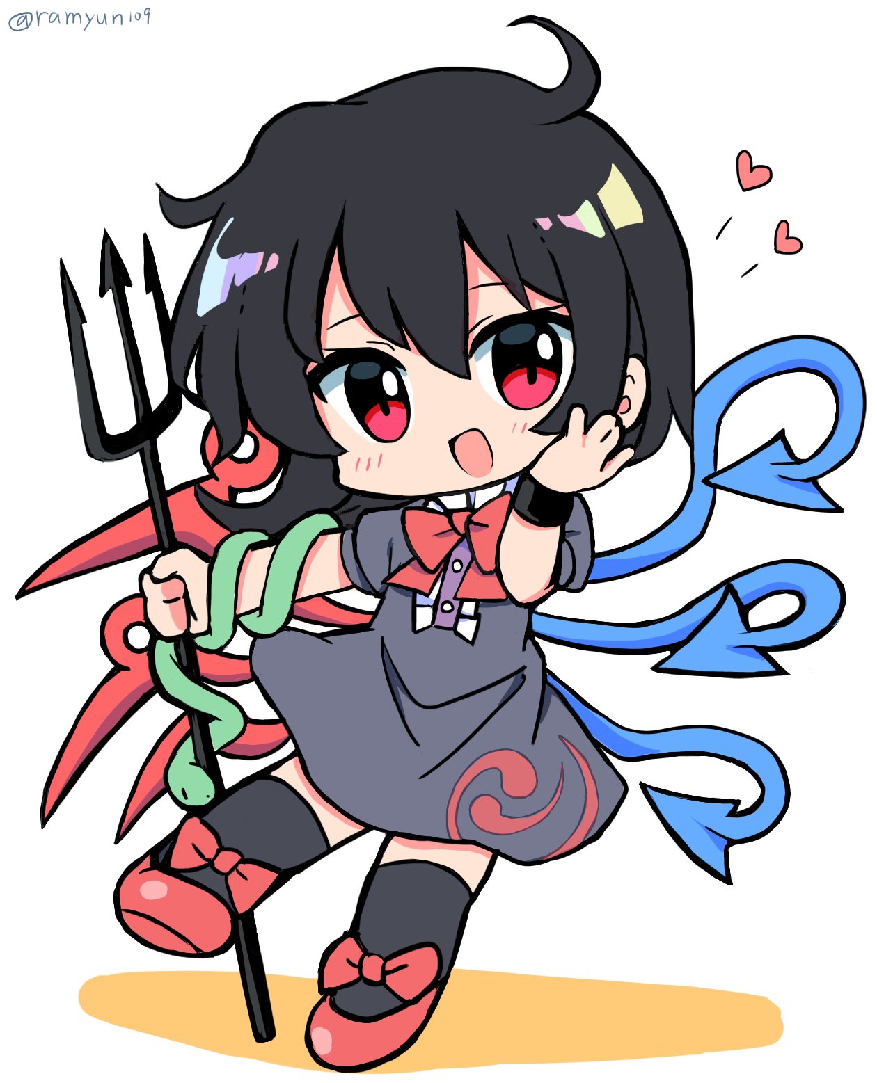 1girl :d ahoge asymmetrical_wings bangs black_dress black_hair black_legwear blue_wings bow chibi dress footwear_bow full_body heart highres holding holding_polearm holding_weapon houjuu_nue looking_at_viewer open_mouth polearm ramudia_(lamyun) red_bow red_eyes red_wings short_hair short_sleeves simple_background smile snake_armband solo touhou trident twitter_username weapon white_background wings