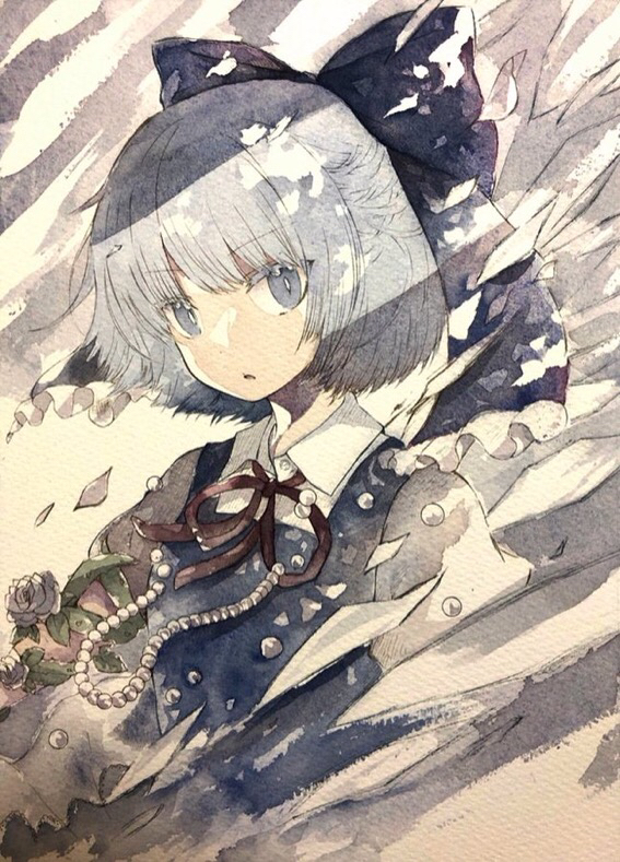 1girl beads blue_eyes blue_hair bouquet bow cirno flower frown hair_bow holding holding_flower ice ice_wings jewelry looking_at_viewer looking_to_the_side muted_color necklace open_mouth painting_(medium) ribbon serious short_hair solo texture touhou traditional_media upper_body watercolor_(medium) wind wings yuzugoori