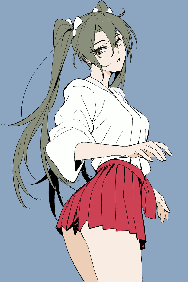 1girl blue_background brown_eyes commentary_request cowboy_shot eyebrows_visible_through_hair flat_color green_hair hair_between_eyes hair_ribbon hakama hakama_skirt highres japanese_clothes kantai_collection limited_palette long_hair open_mouth red_hakama red_skirt ribbon shingyou_(alexander-13) simple_background skirt solo twintails white_ribbon zuikaku_(kancolle)