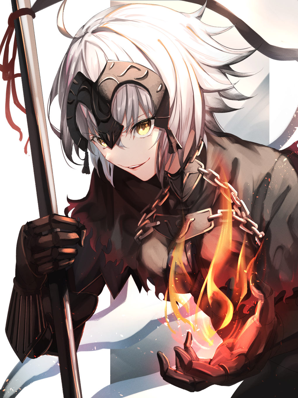 1girl armor armored_dress bangs breasts chain collar fate/grand_order fate_(series) fire flag gauntlets headpiece herigaru_(fvgyvr000) highres jeanne_d'arc_(alter)_(fate) jeanne_d'arc_(fate) large_breasts looking_at_viewer metal_collar open_mouth plackart polearm short_hair silver_hair smile solo weapon yellow_eyes