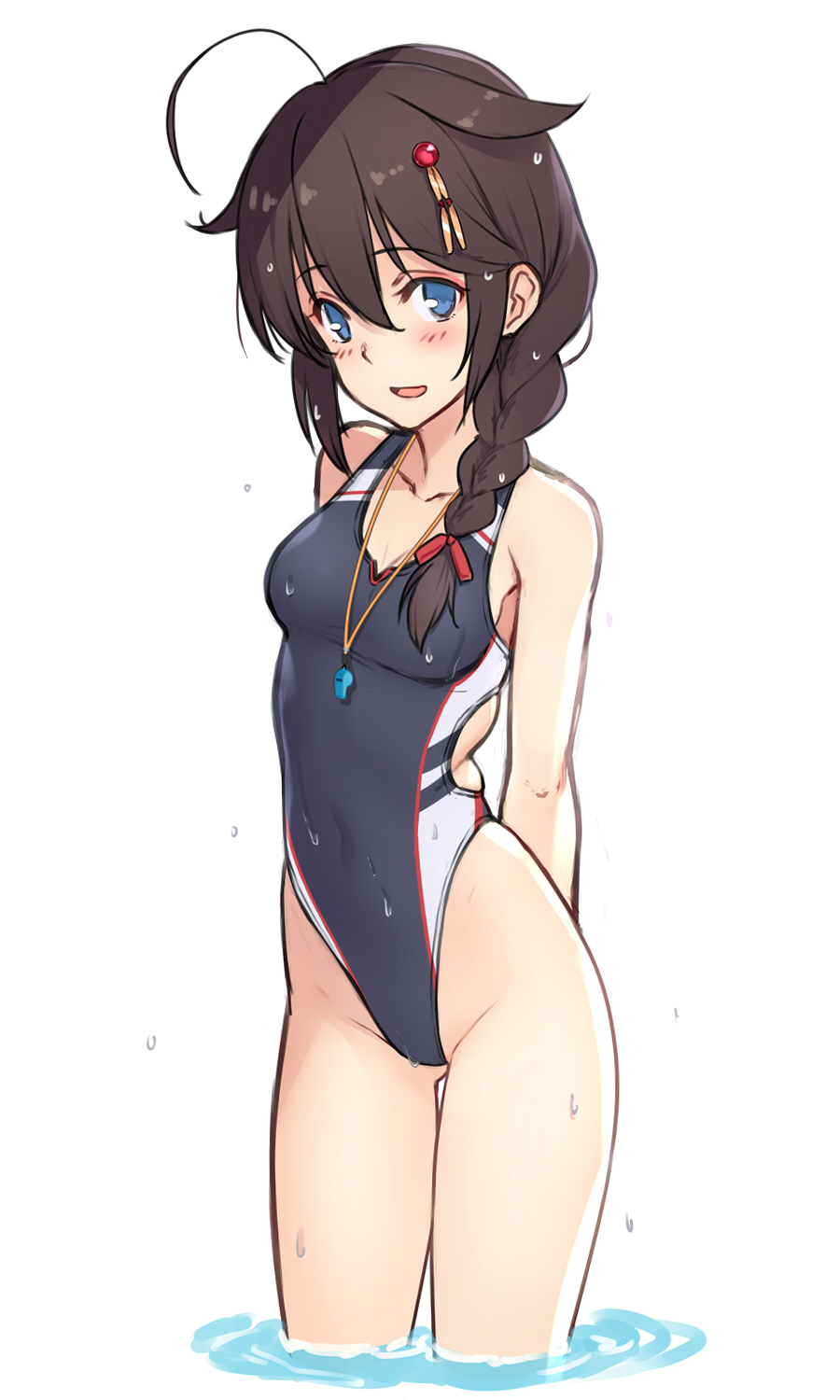 1girl ahoge alternate_costume arms_behind_back ass_visible_through_thighs bare_arms bare_shoulders black_hair black_swimsuit blue_eyes blush braid breasts competition_swimsuit cowboy_shot dan_(kumadan) hair_flaps hair_ornament hair_over_shoulder highres kantai_collection long_hair looking_at_viewer medium_breasts one-piece_swimsuit remodel_(kantai_collection) shigure_(kancolle) simple_background single_braid smile solo standing swimsuit wading wet whistle white_background