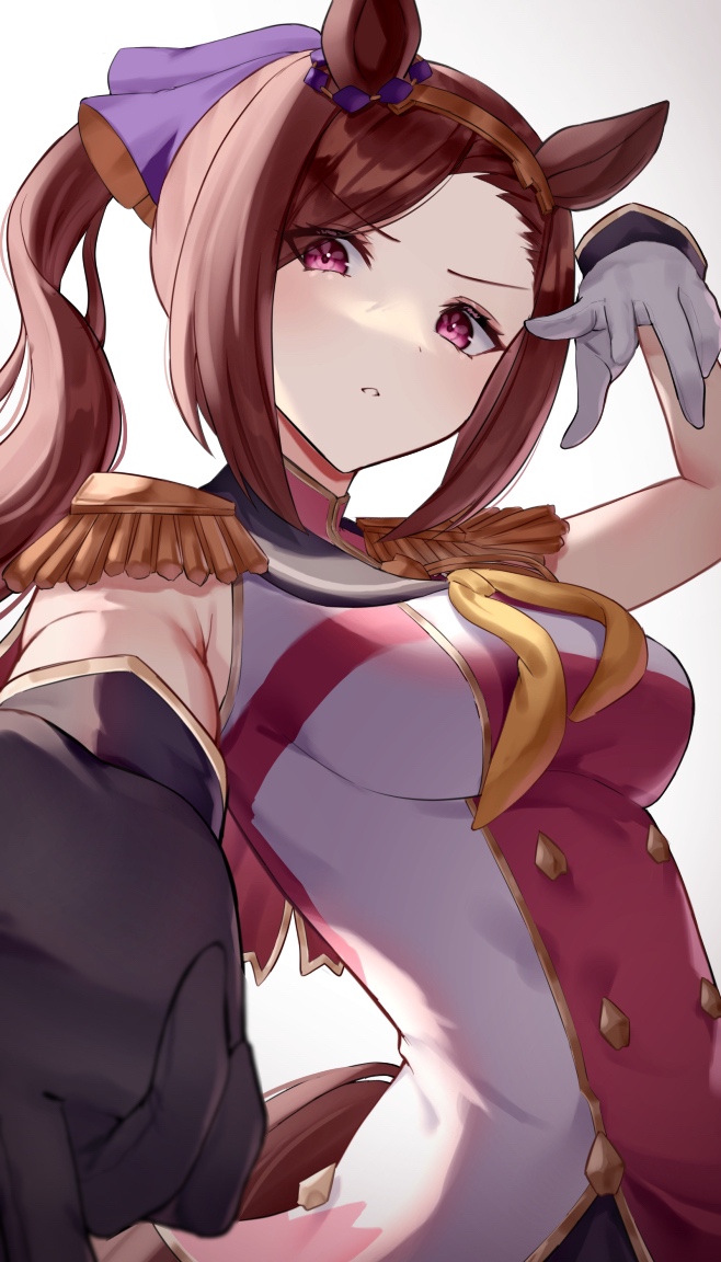 1girl akatsuki_(pixiv23539542) animal_ears arm_up asymmetrical_gloves black_gloves breasts brown_hair commentary_request dot_nose dress epaulettes flower-shaped_pupils gloves gradient gradient_background hairband horse_ears long_hair looking_at_viewer medium_breasts mismatched_gloves neckerchief outstretched_arm parted_lips ponytail reaching_out sakura_bakushin_o_(umamusume) sleeveless sleeveless_dress solo symbol-shaped_pupils umamusume upper_body violet_eyes white_gloves yellow_neckerchief