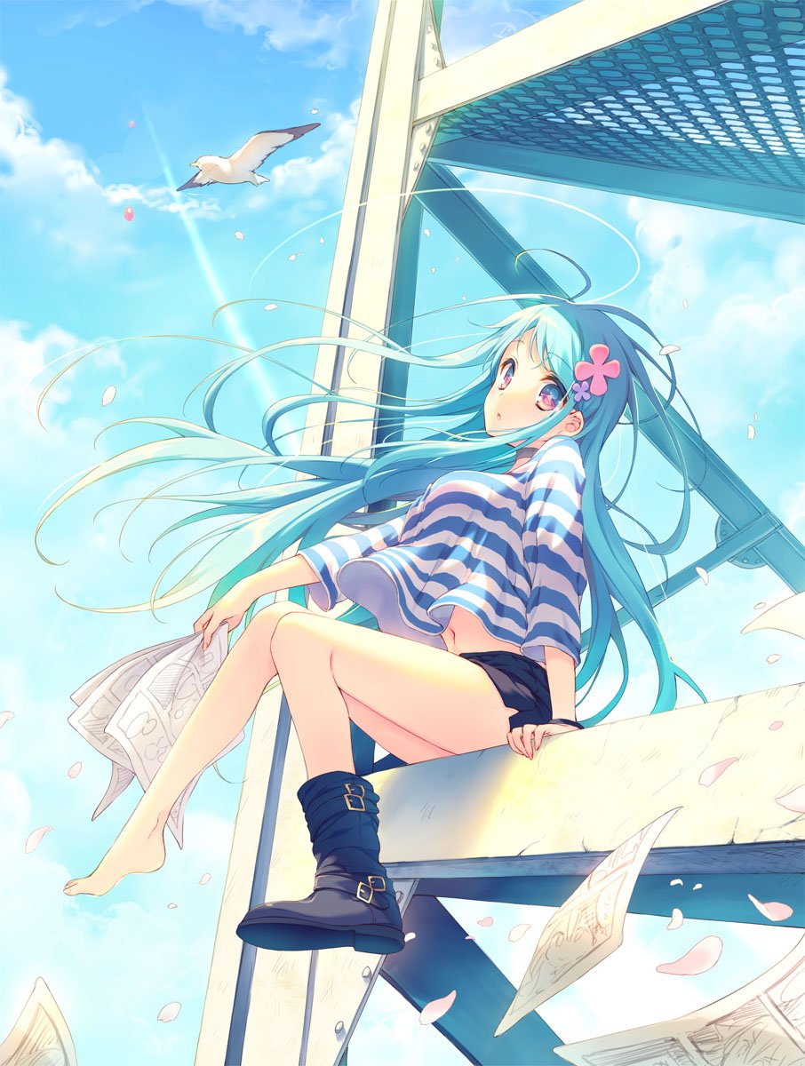 1girl akihabara_denpatou animal aqua_hair bare_legs barefoot bird black_footwear black_shorts blue_eyes boots breasts clouds day eyebrows_visible_through_hair floating_hair flower foot_dangle full_body hair_flower hair_ornament head_tilt highres holding horizontal_stripes knees_together_feet_apart large_breasts long_hair looking_at_viewer manga_(object) multicolored_eyes navel novel_illustration official_art outdoors paper parted_lips petals pink_eyes reia seagull second-party_source shirt shirt_overhang short_shorts shorts single_boot sitting sky solo steel_beam striped striped_shirt sunlight textless very_long_hair violet_eyes wind wristband