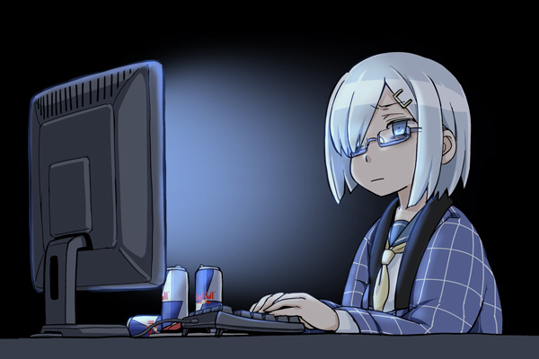 1girl aka_ringo black_legwear blue_eyes can commentary_request energy_drink hair_ornament hair_over_one_eye hairclip hamakaze_(kancolle) hanten_(clothes) kantai_collection keyboard_(computer) monitor neckerchief pleated_skirt red_bull short_hair silver_hair skirt solo upper_body white_hair yellow_neckerchief