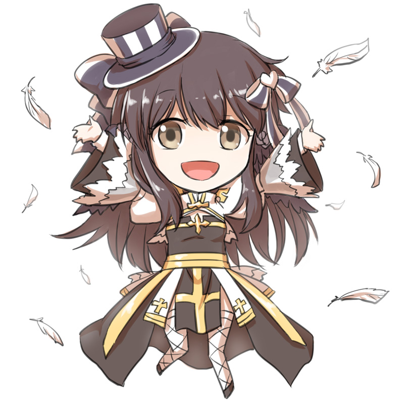1girl :d arch_bishop_(ragnarok_online) arms_up bangs black_bow black_footwear black_headwear bow breasts brown_eyes brown_hair chibi cleavage_cutout clothing_cutout commentary_request cross dress eyebrows_visible_through_hair feathers fishnet_legwear fishnets full_body hair_bow hat heart juliet_sleeves long_hair long_sleeves looking_at_viewer medium_breasts natsuya_(kuttuki) open_mouth puffy_sleeves ragnarok_online sash shoes simple_background smile solo striped striped_bow striped_headwear thigh-highs top_hat two-tone_dress white_background white_bow white_dress white_feathers white_headwear white_legwear yellow_sash