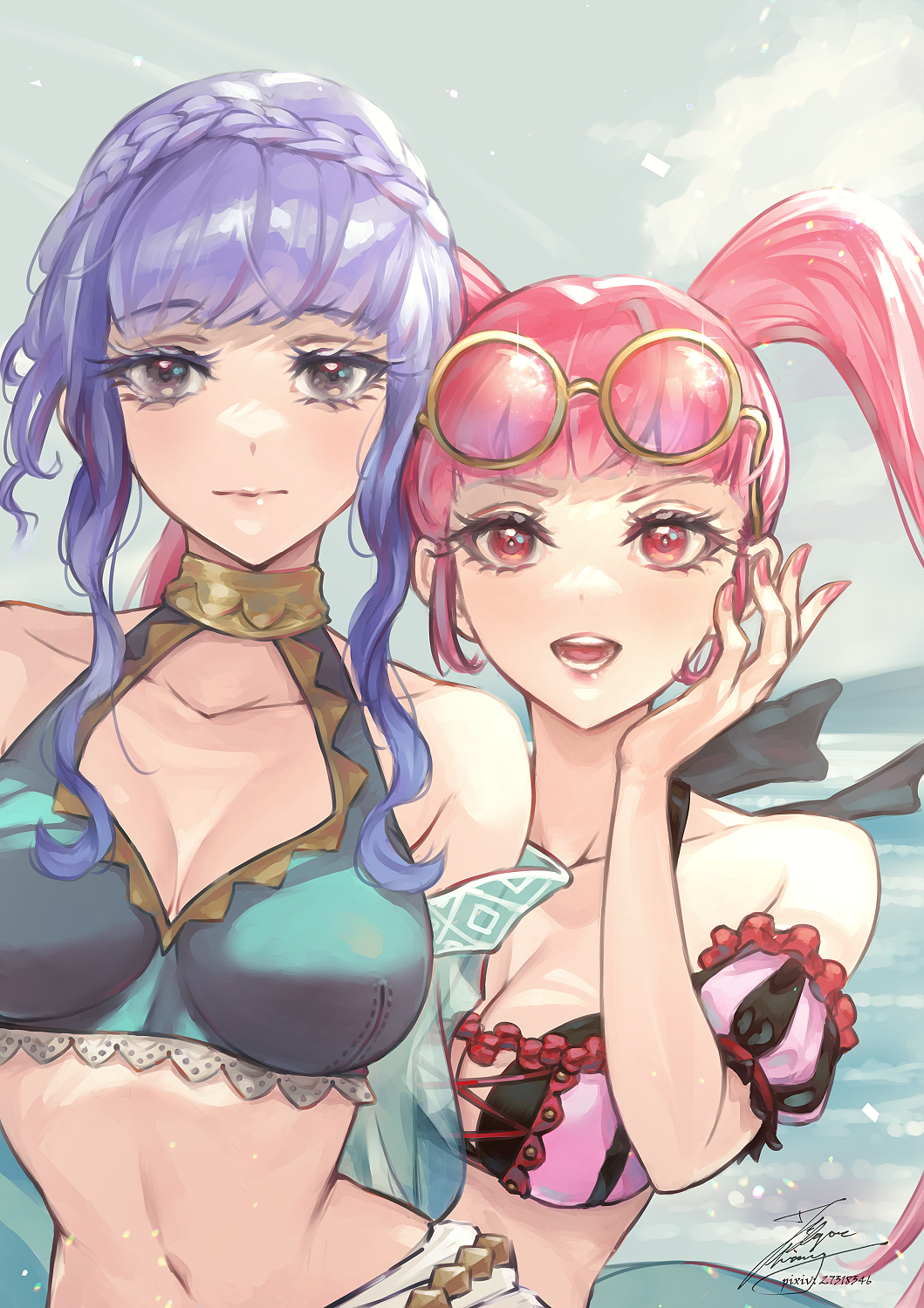 2girls :d arm_strap bangs bikini bikini_top blue_bikini blue_hair blunt_bangs braid closed_mouth collarbone crown_braid eyewear_on_head fadingz fire_emblem fire_emblem:_three_houses grey_eyes highres hilda_valentine_goneril long_hair looking_at_viewer marianne_von_edmund multiple_girls nail_polish ocean outdoors pink_bikini pink_hair pink_nails red_eyes round_eyewear shiny shiny_hair short_hair sidelocks signature smile summer swimsuit twintails upper_body