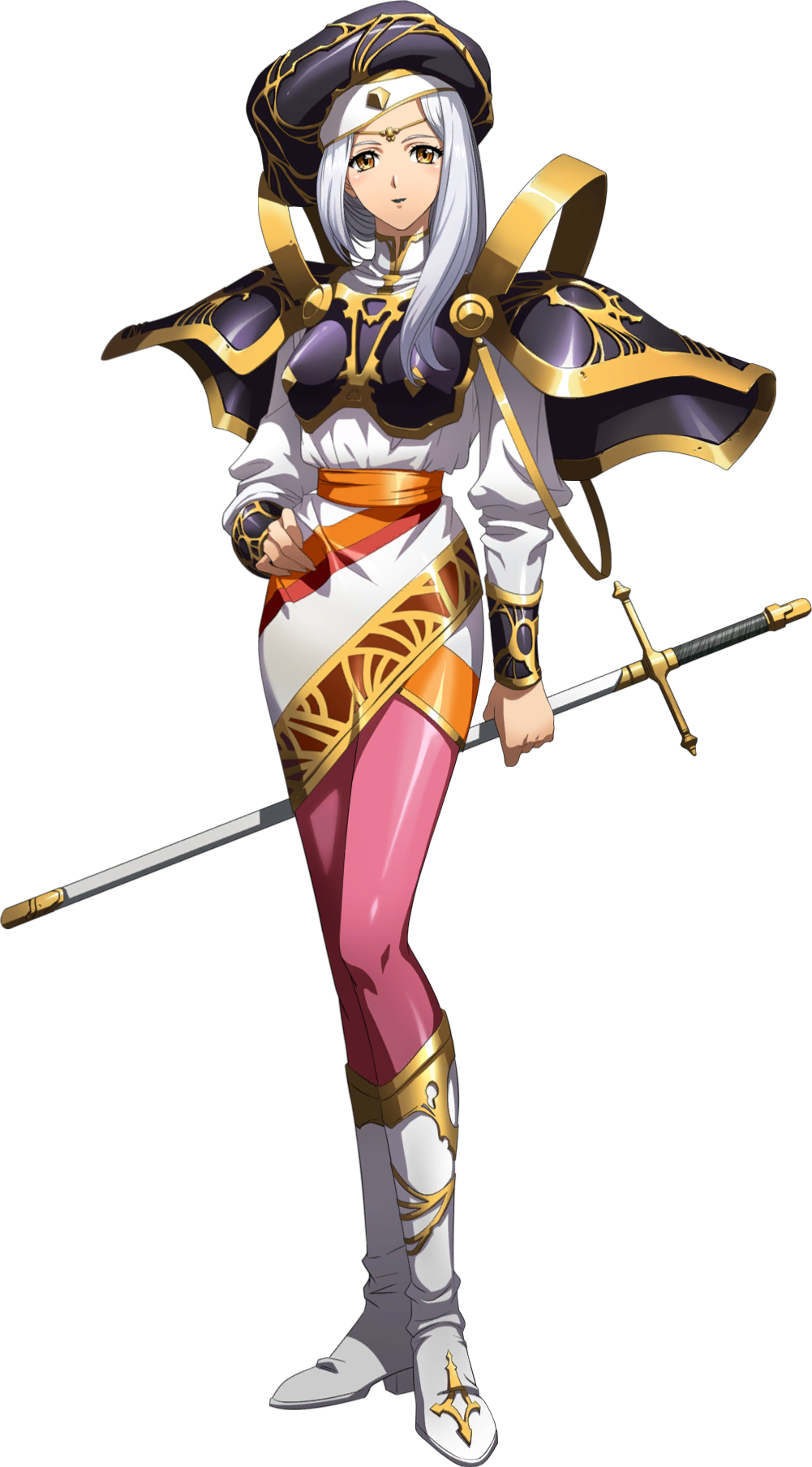 1girl armor black_headwear boots breastplate brown_eyes dress full_body hand_on_hip highres holding holding_sheath langrisser langrisser_iv long_sleeves looking_at_viewer official_art pantyhose pink_legwear selena_(langrisser) sheath sheathed shiny shiny_clothes shiny_legwear shoulder_armor solo standing sword transparent_background weapon white_dress white_footwear