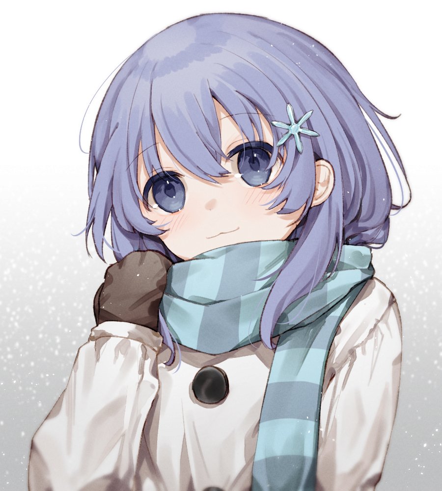 1girl :3 bangs blue_eyes blue_hair buttons enpera eyebrows_visible_through_hair gloves gradient gradient_background grey_background hair_between_eyes hair_ornament hand_up jacket looking_at_viewer maomaomao nijisanji scarf snowflake_hair_ornament solo striped striped_scarf upper_body virtual_youtuber white_background yuuki_chihiro