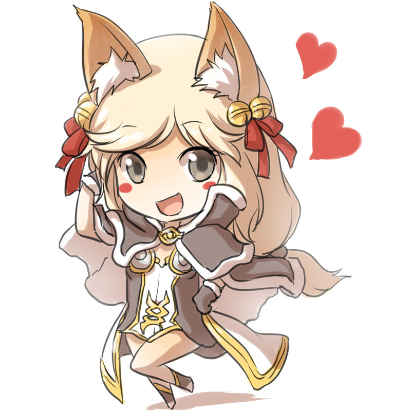 1girl :d animal_ear_fluff animal_ears bangs bell blonde_hair blush_stickers boots bow brown_cape brown_dress brown_eyes brown_footwear brown_gloves cape commentary_request dress eyebrows_visible_through_hair fox_ears full_body fur-trimmed_cape fur-trimmed_gloves fur_trim gloves hair_bell hair_bow hair_ornament hand_on_hip hand_up heart high_wizard_(ragnarok_online) jingle_bell layered_dress long_hair looking_at_viewer low-tied_long_hair natsuya_(kuttuki) open_mouth ragnarok_online red_bow short_dress simple_background smile solo standing standing_on_one_leg strapless strapless_dress two-tone_dress two-tone_footwear white_background white_dress white_footwear