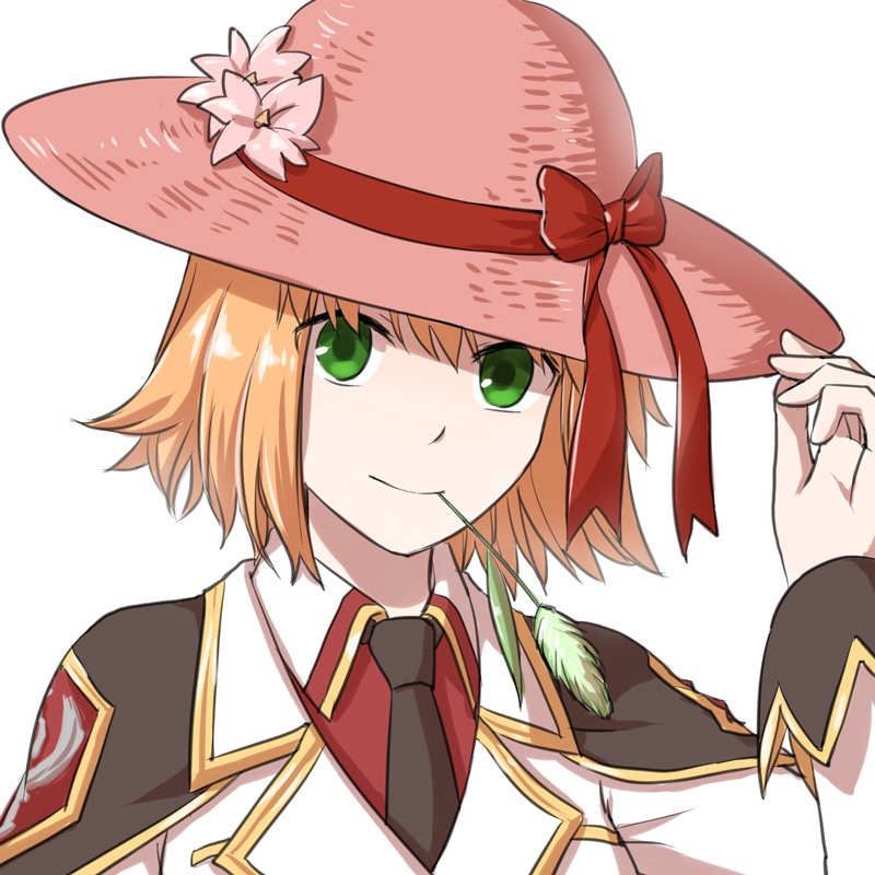 1girl black_necktie blazer blonde_hair bow cattail closed_mouth collared_shirt commentary_request flower genetic_(ragnarok_online) green_eyes hair_between_eyes hat hat_bow hat_flower hat_tip jacket long_sleeves looking_at_viewer mouth_hold natsuya_(kuttuki) necktie official_alternate_costume pink_flower pink_headwear plant ragnarok_online red_bow red_shirt shirt short_hair simple_background smile solo stalk_in_mouth sun_hat upper_body white_background white_jacket