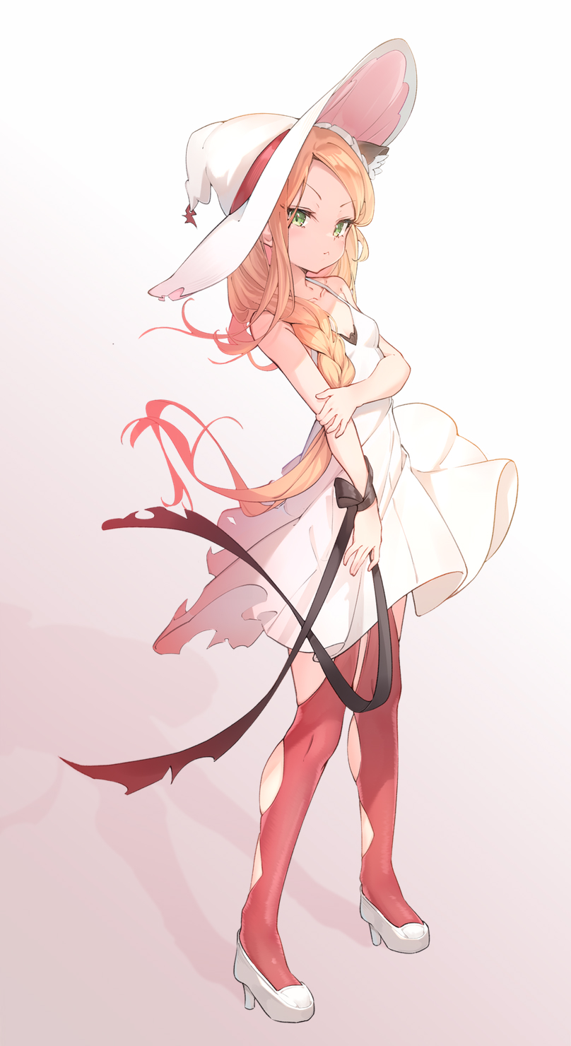 1girl bangs bare_arms bare_shoulders blonde_hair braid breasts closed_mouth dress full_body green_eyes hat high_heels highres long_hair looking_at_viewer mishuo_(misuo69421) original ribbon single_braid sleeveless sleeveless_dress solo standing sun_hat tail torn_clothes torn_dress v-shaped_eyebrows white_dress white_headwear