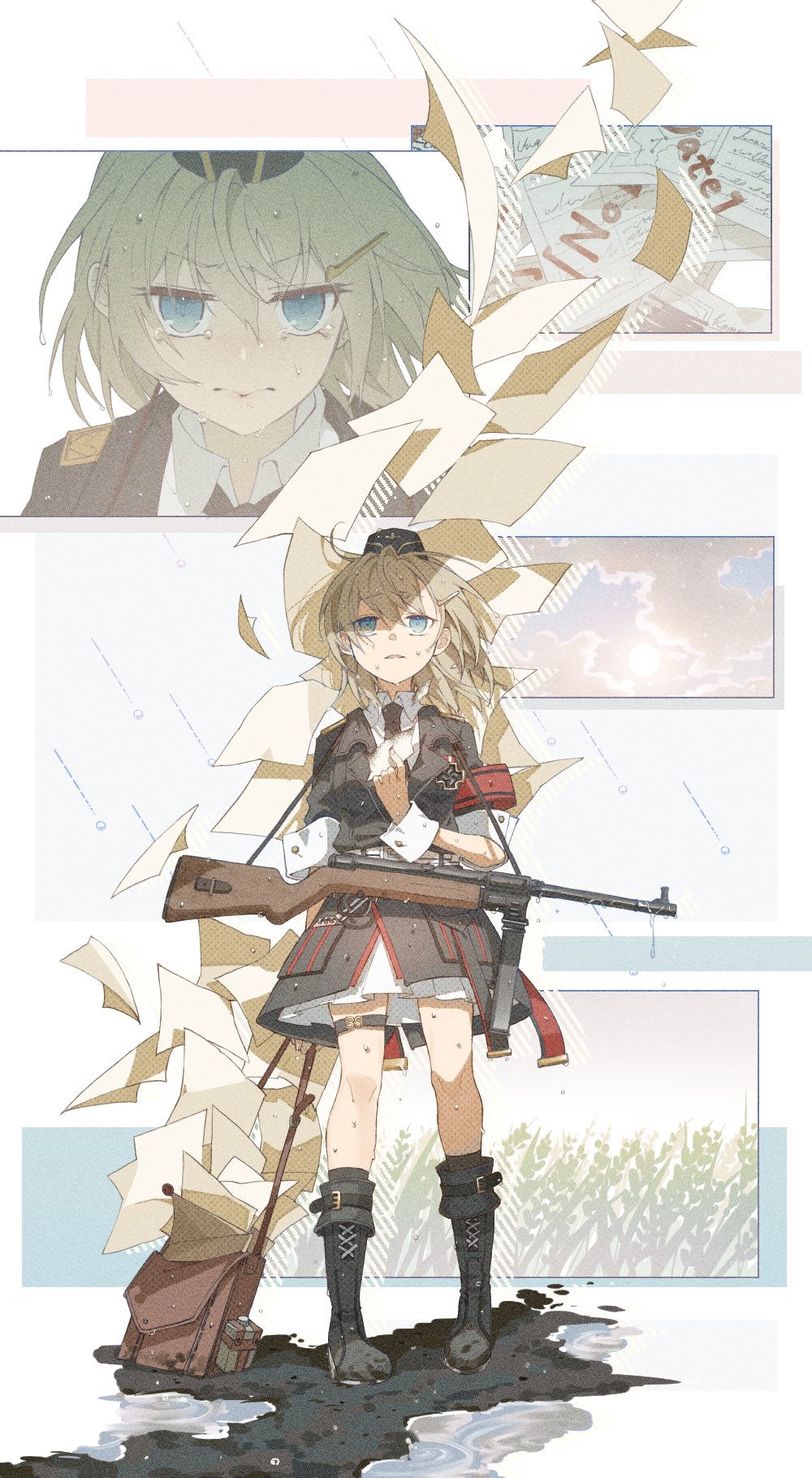 1girl armband bag blonde_hair blue_eyes boots cross crying crying_with_eyes_open girls_frontline gun hat highres iron_cross military military_hat military_uniform mp41 mp41_(girls'_frontline) papers rabb_horn rain skirt solo submachine_gun sun tears uniform weapon wehrmacht wheat_field