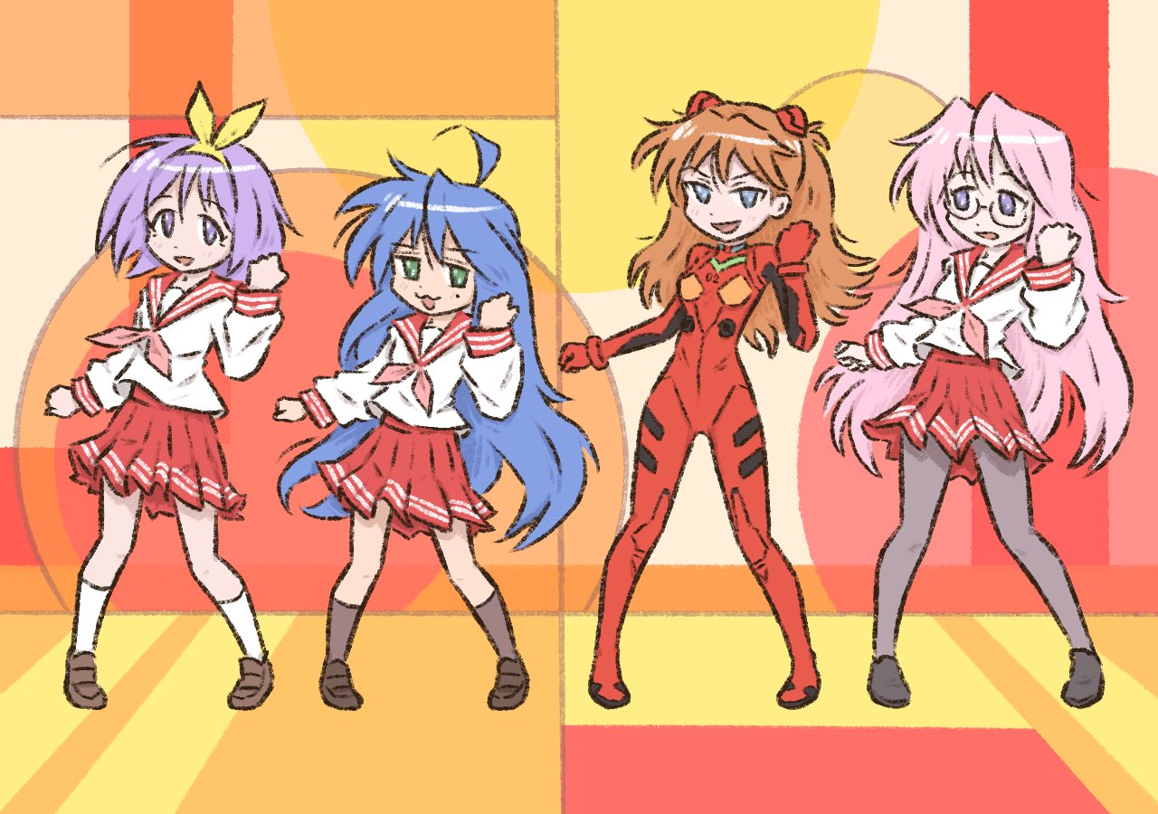 4girls :3 ahoge black_legwear blue_eyes blue_hair bodysuit brown_footwear crossover full_body glasses green_eyes hiiragi_tsukasa izumi_konata kneehighs loafers long_hair long_sleeves lucky_star mole mole_under_eye multiple_girls neon_genesis_evangelion oekaki open_mouth orange_hair pantyhose pink_hair pleated_skirt plugsuit red_skirt ryouou_school_uniform sailor_collar school_uniform serafuku shirt shoes short_hair skirt socks souryuu_asuka_langley standing takara_miyuki truffleduster very_long_hair violet_eyes white_legwear white_shirt