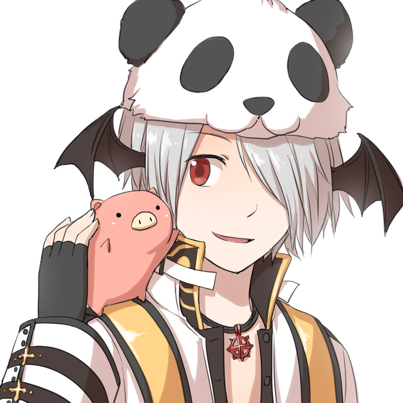 1boy animal_on_shoulder arch_bishop_(ragnarok_online) bangs bat_wings black_coat black_gloves black_wings coat commentary_request fingerless_gloves gloves hair_between_eyes hair_over_one_eye head_wings jacket jewelry long_sleeves looking_at_animal looking_to_the_side natsuya_(kuttuki) necklace open_mouth panda_hat piglet platinum_blonde_hair ragnarok_online red_eyes savage_babe short_hair simple_background smile upper_body white_background white_jacket wings