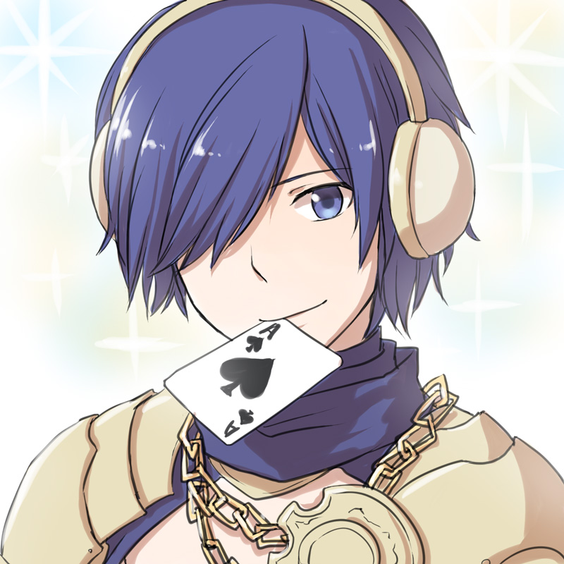 1boy ace_of_spades alternate_color bangs blue_eyes blue_hair blue_jacket card_in_mouth chain closed_mouth commentary_request hair_between_eyes headphones jacket jewelry looking_at_viewer male_focus mechanic_(ragnarok_online) mouth_hold natsuya_(kuttuki) necklace ragnarok_online short_hair shrug_(clothing) simple_background smile solo upper_body white_background yellow_armor