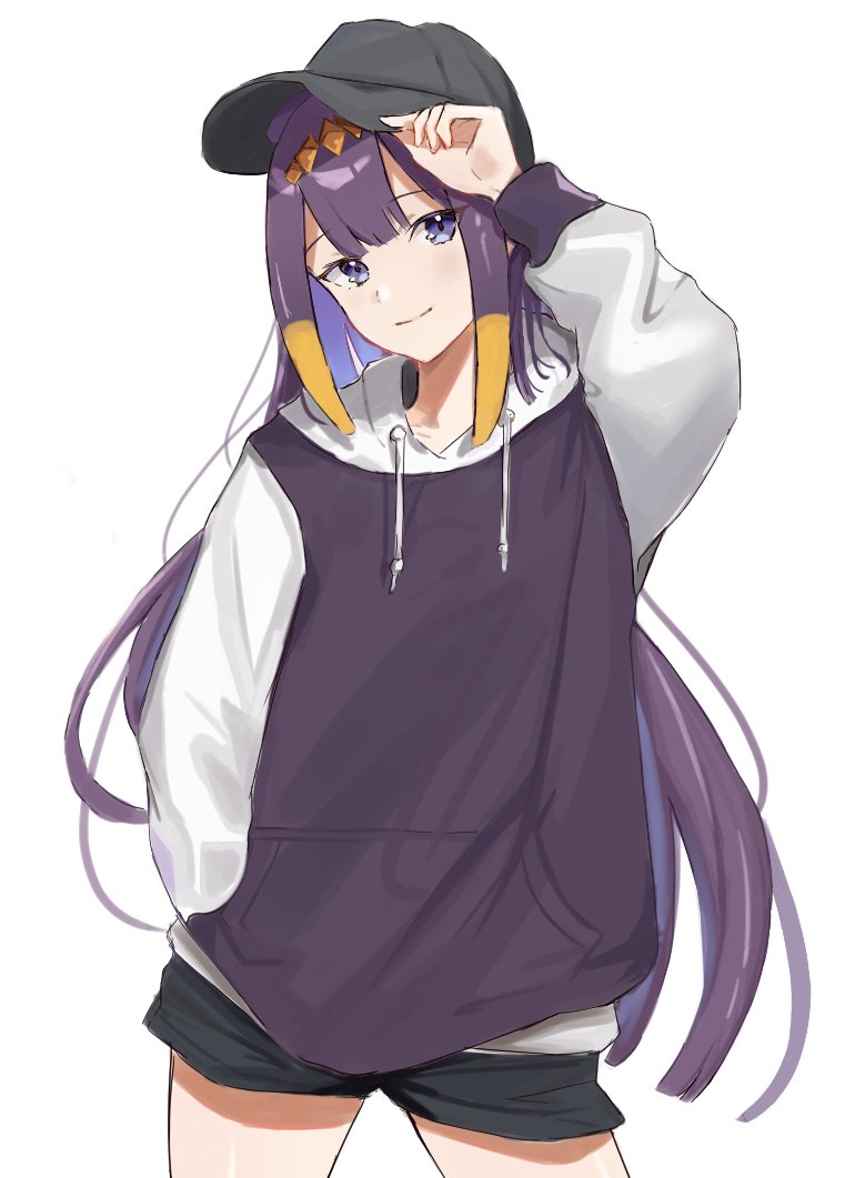 1girl alternate_costume baseball_cap black_headwear black_shorts blue_hair colored_inner_hair drawstring hand_in_pocket hat head_tilt hololive hololive_english hood hoodie leaning_to_the_side light_blush long_hair looking_at_viewer multicolored_hair ninomae_ina'nis purple_hoodie shiroiko8 shorts smile solo tentacle_hair two-tone_hoodie very_long_hair violet_eyes virtual_youtuber white_background white_hoodie