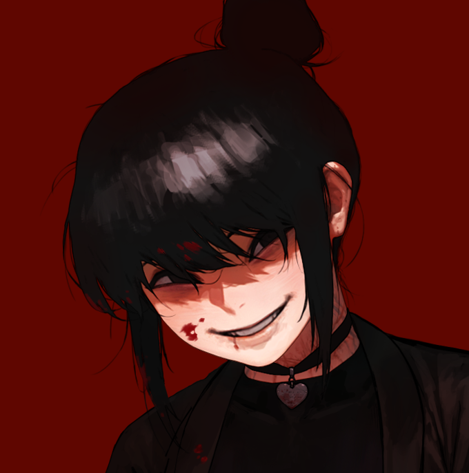 1girl black_choker black_eyes black_hair blood blood_from_mouth blood_on_clothes blood_on_face choker collarbone covered_collarbone dgk evil_grin evil_smile face grin hair_between_eyes hair_bun heart heart_choker injury original parted_lips red_background simple_background smile solo teeth upper_body veins