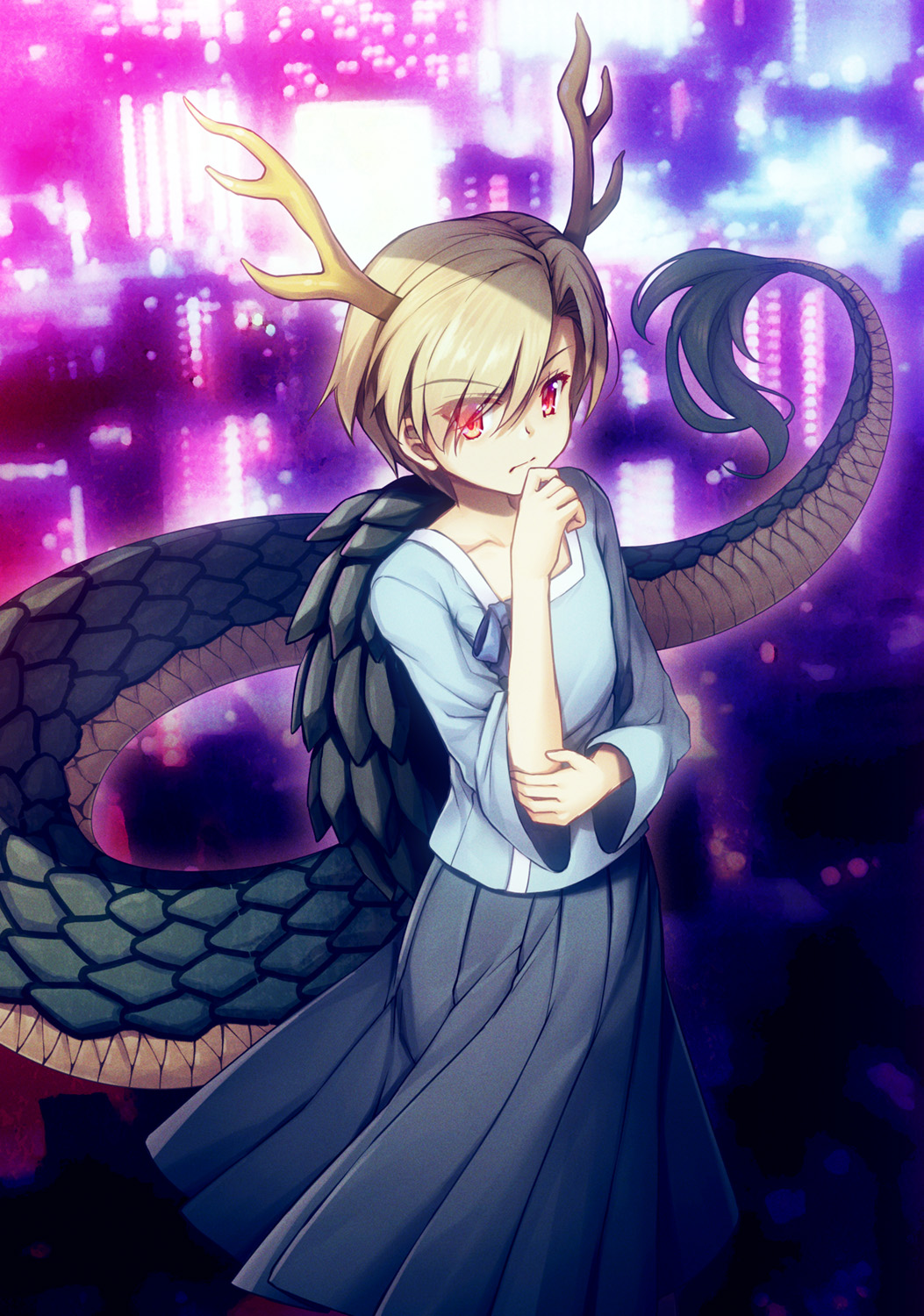 1girl antlers bangs black_skirt blonde_hair blue_shirt chima_q collarbone commentary_request dragon_tail eyebrows_visible_through_hair eyes_visible_through_hair frown hair_over_one_eye hand_on_own_chin highres kicchou_yachie long_skirt long_sleeves pleated_skirt red_eyes scales shirt short_hair skirt solo tail touhou turtle_shell