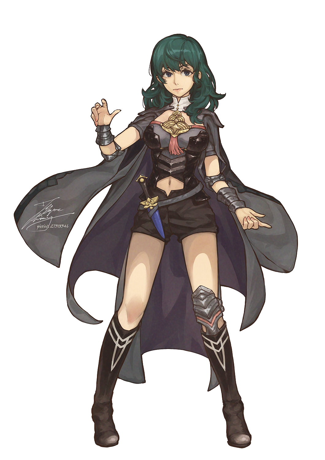 1girl bangs black_footwear black_shorts blue_eyes boots breasts byleth_(fire_emblem) byleth_eisner_(female) closed_mouth detached_collar fadingz fire_emblem fire_emblem:_three_houses green_hair highres knee_boots long_hair medium_breasts midriff navel sheath sheathed shiny shiny_hair short_shorts shorts signature simple_background solo standing stomach sword weapon white_background