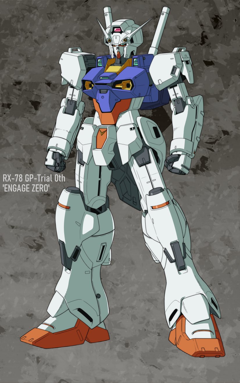 apaam aqua_eyes character_name clenched_hands grey_background gundam gundam_engage_zero gundam_u.c._engage highres looking_ahead mecha mobile_suit no_humans science_fiction solo standing v-fin