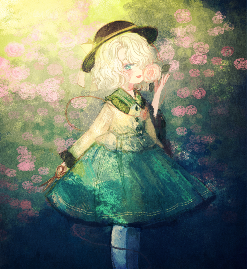1girl :d aqua_eyes arm_at_side bangs black_headwear blouse blush bush collared_blouse elbow_gloves eyebrows_visible_through_hair faux_traditional_media feet_out_of_frame flower frilled_shirt_collar frilled_sleeves frills from_side gloves green_skirt hair_over_one_eye hand_up hat hat_ribbon holding holding_flower holding_scissors komeiji_koishi long_sleeves looking_at_viewer looking_to_the_side medium_skirt muted_color parted_bangs pink_flower pink_rose plant pleated_skirt ribbon rose rose_bush scissors short_hair skirt smelling smelling_flower smile socks solo standing string touhou vignetting wavy_hair white_hair white_legwear wide_sleeves yellow_blouse yellow_ribbon yujup
