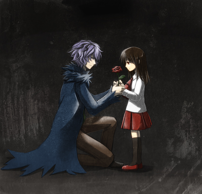 1boy 1girl bangs black_footwear black_legwear blue_coat brown_eyes brown_hair brown_pants closed_mouth coat collared_shirt flower full_body garry_(ib) holding_hands ib ib_(ib) long_sleeves looking_at_another natsuya_(kuttuki) one_knee pants pleated_skirt purple_hair red_eyes red_flower red_footwear red_rose red_skirt rose shirt shoes short_hair skirt smile socks standing white_shirt