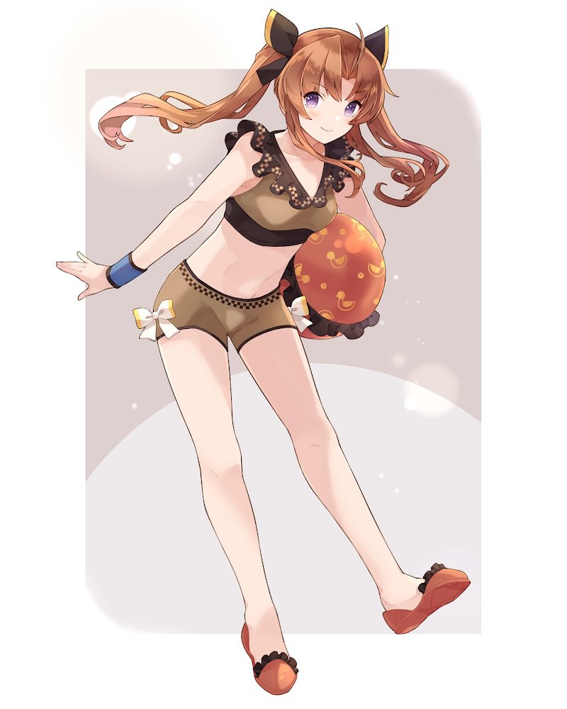 1girl ball bare_arms bare_legs bare_shoulders beachball bikini blush breasts brown_bikini brown_hair closed_mouth collarbone eyebrows_visible_through_hair full_body hair_between_eyes holding holding_ball holding_beachball kagerou_(kancolle) kantai_collection long_hair shakemi_(sake_mgmgmg) small_breasts smile solo swimsuit violet_eyes