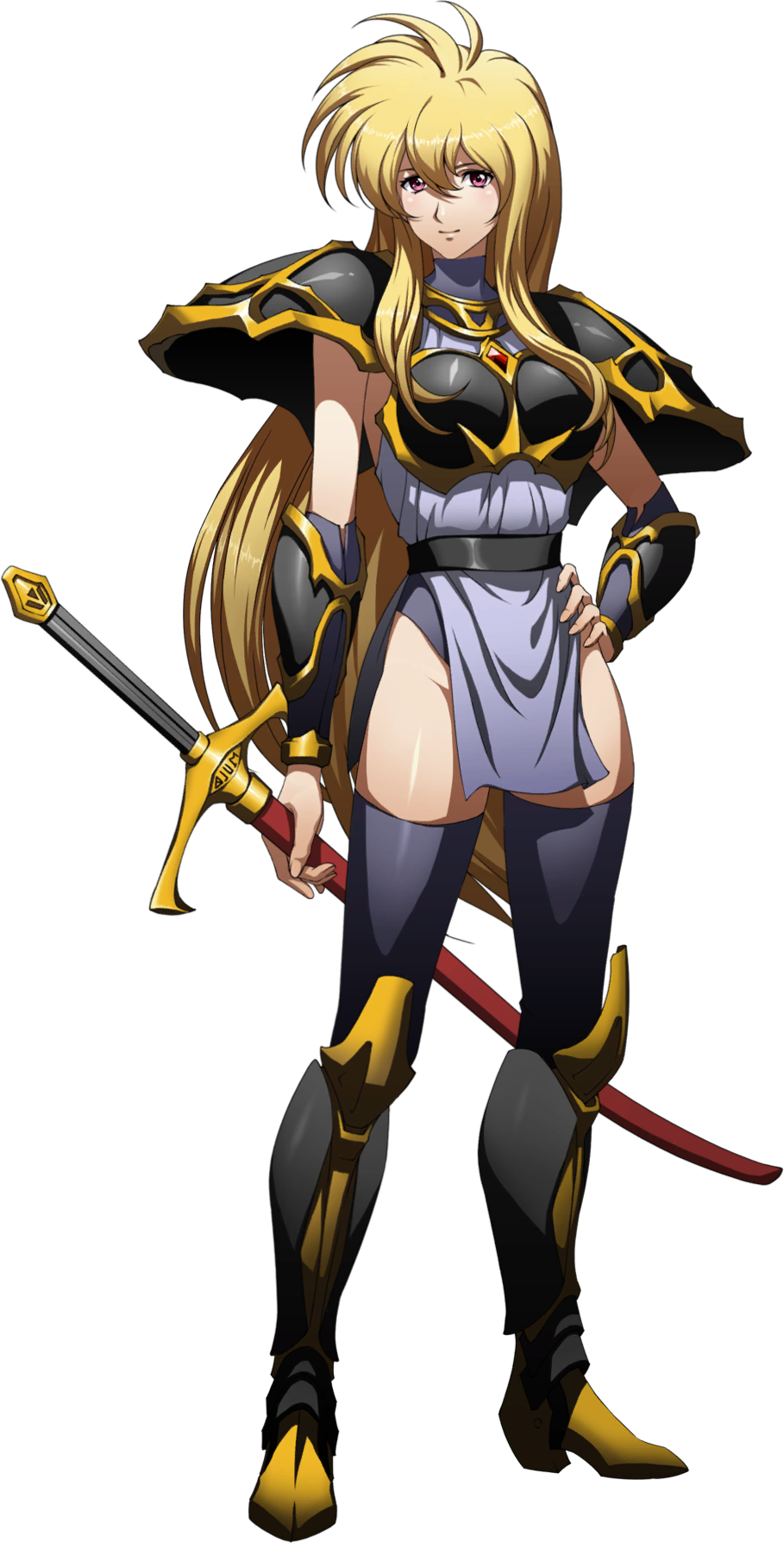 1girl armor bag blonde_hair breastplate closed_mouth full_body grey_legwear hair_between_eyes hand_on_hip highres holding holding_sheath langrisser leticia_(langrisser) long_hair looking_at_viewer official_art red_eyes sheath sheathed shiny shiny_clothes shiny_legwear shiny_skin shoulder_armor smile solo standing sword thigh-highs transparent_background very_long_hair weapon