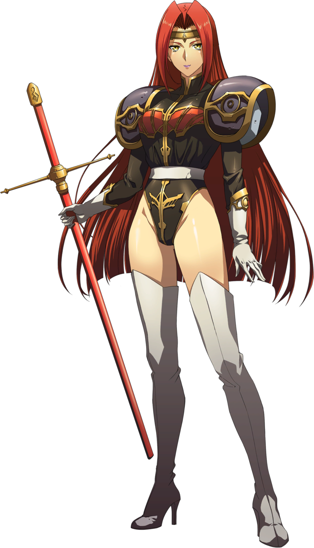 1girl armor belt black_leotard boots circlet closed_mouth full_body gloves hair_intakes high_heel_boots high_heels highleg highleg_leotard highres holding holding_sheath langrisser langrisser_iii leotard long_hair looking_at_viewer official_art purple_lips redhead sheath sheathed shiny shiny_skin shoulder_armor solo standing straight_hair sword thigh-highs thigh_boots transparent_background varna_(langrisser_iii) very_long_hair weapon white_belt white_footwear white_gloves yellow_eyes