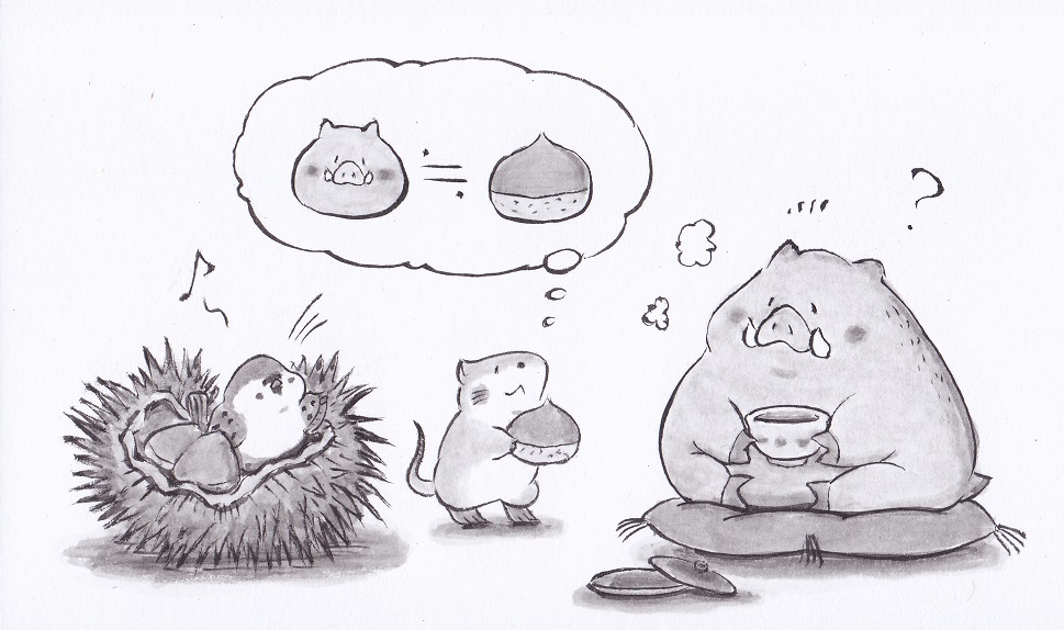 :&lt; :3 ? acorn animal animal_focus bird boar cushion eurasian_tree_sparrow hiraoka_senitsu mouse musical_note nest no_humans original rodent shadow simple_background sitting sparrow tea thought_bubble wavy_mouth white_background