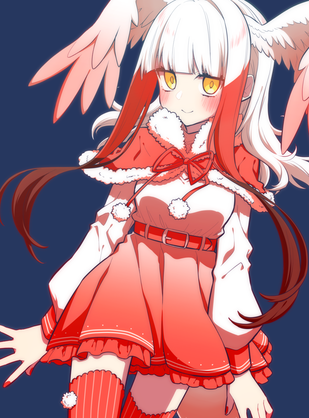 1girl alternate_costume bangs belt bird_wings blue_background blunt_bangs blush capelet frilled_skirt frills fur-trimmed_capelet fur_trim gradient_skirt head_wings highres japanese_crested_ibis_(kemono_friends) kemono_friends long_hair long_sleeves looking_at_viewer multicolored_hair petit_ramune pom_pom_(clothes) puffy_long_sleeves puffy_sleeves red_belt red_legwear red_nails red_skirt redhead shirt sidelocks simple_background skirt smile solo striped striped_legwear tail thigh-highs thigh_gap vertical-striped_legwear vertical_stripes white_hair white_shirt wings yellow_eyes