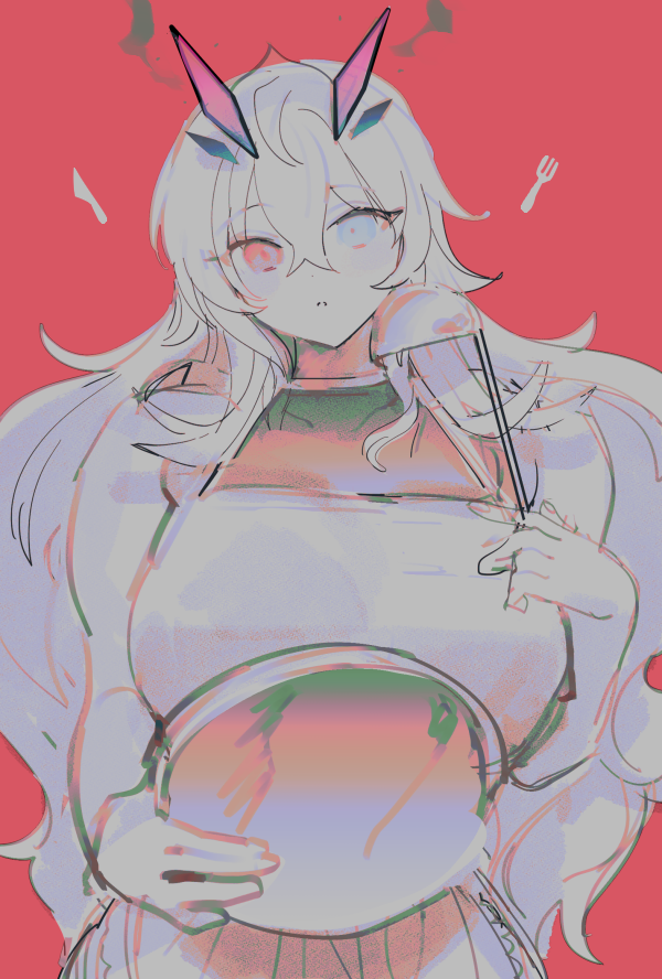 1girl apron bangs blue_eyes breasts eyebrows_visible_through_hair fairy_knight_gawain_(fate) fate/grand_order fate_(series) fork hair_between_eyes head_tilt holding holding_ladle holding_plate holding_tray huge_breasts knife ladle limited_palette long_hair plate red_background red_eyes sketch solo symbol-only_commentary tan_(inka) tray