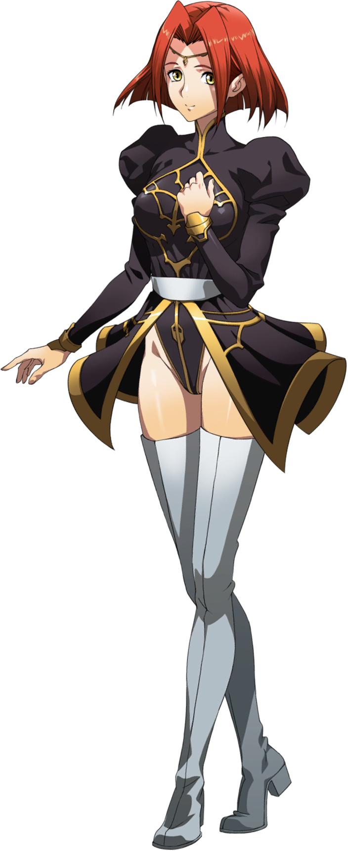 1girl anna_(langrisser) black_leotard boots circlet closed_mouth full_body hair_intakes highleg highleg_leotard highres langrisser langrisser_iii leotard long_sleeves official_art redhead shiny shiny_hair shiny_skin short_hair solo standing thigh-highs thigh_boots transparent_background white_footwear yellow_eyes