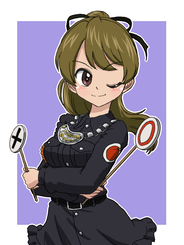 1girl bangs belt black_belt black_dress black_ribbon blue_background brown_eyes brown_hair chain_necklace closed_mouth collared_dress commentary cowboy_shot crossed_arms dress emblem english_text girls_und_panzer gorget hair_ribbon japanese_tankery_league_judge_uniform jewelry judge long_hair long_sleeves looking_at_viewer medallion necklace one_eye_closed outline outside_border ribbon short_dress short_ponytail sign smile solo standing takahashi_kurage takashima_remi uniform white_outline wing_collar