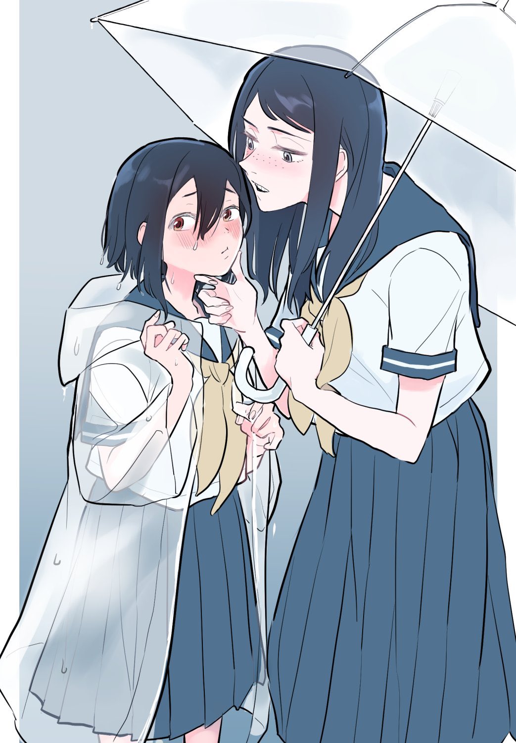 114iyo 2girls blush eizouken_ni_wa_te_wo_dasu_na! freckles hand_on_another's_chin highres holding holding_umbrella long_hair multiple_girls open_mouth school_uniform teeth transparent transparent_raincoat transparent_umbrella umbrella upper_teeth wet wet_hair yuri