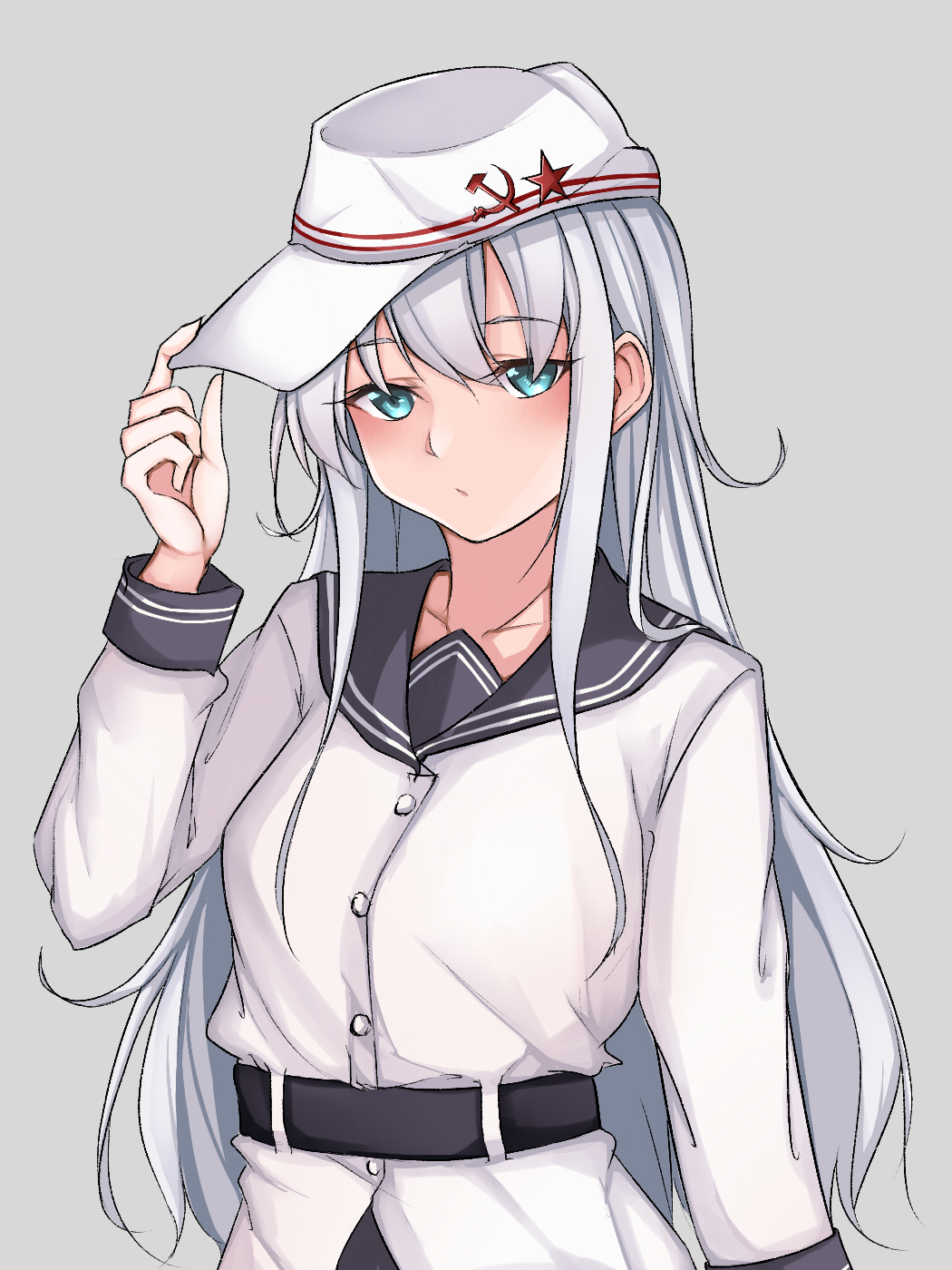 1girl aqua_eyes belt black_belt breasts flat_cap hammer_and_sickle hat hibiki_(kancolle) highres jiangyou_dang kantai_collection long_sleeves remodel_(kantai_collection) shirt silver_hair small_breasts solo star_(symbol) upper_body verniy_(kancolle) white_headwear white_shirt