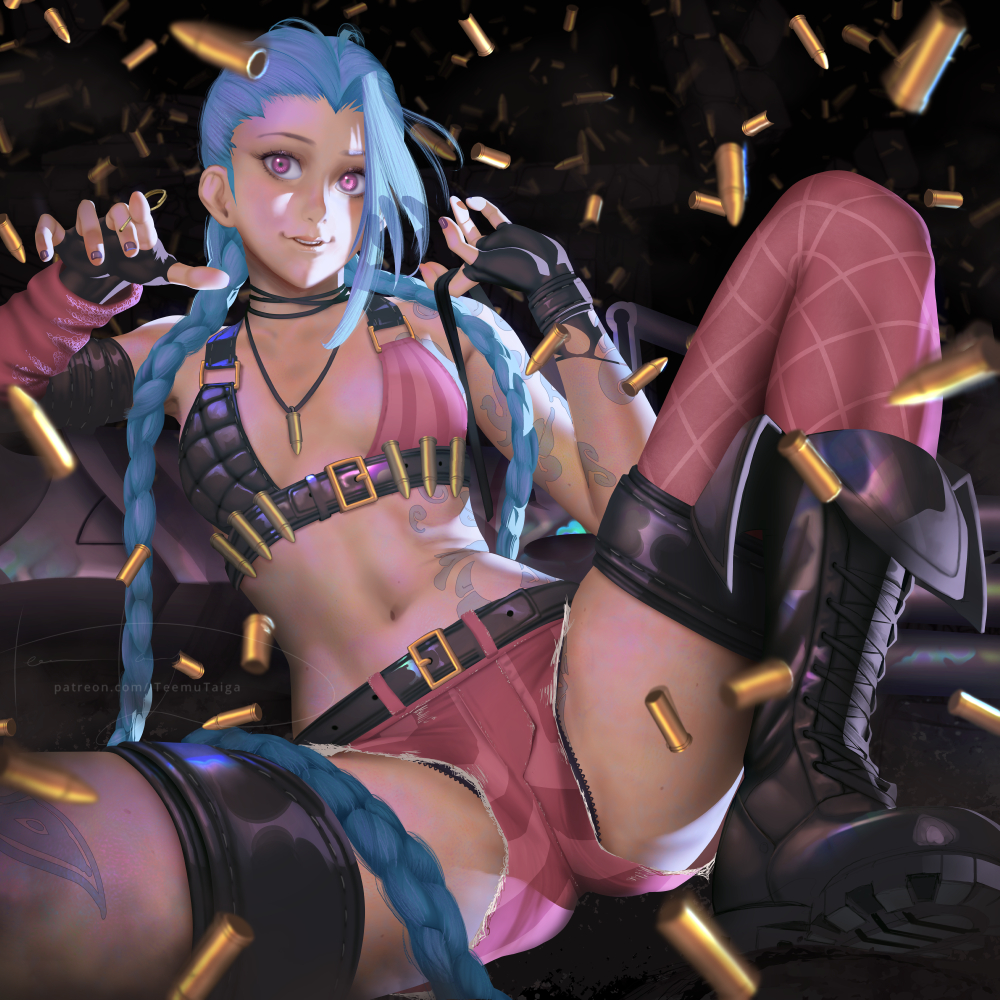 1girl arcane:_league_of_legends arm_tattoo bare_shoulders blue_hair braid breasts bullet bullet_necklace cloud_tattoo elbow_gloves fingerless_gloves gloves jinx_(league_of_legends) league_of_legends long_hair looking_at_viewer navel open_mouth pink_eyes shell_casing shorts sitting small_breasts solo tattoo teemu_taiga thigh-highs twin_braids