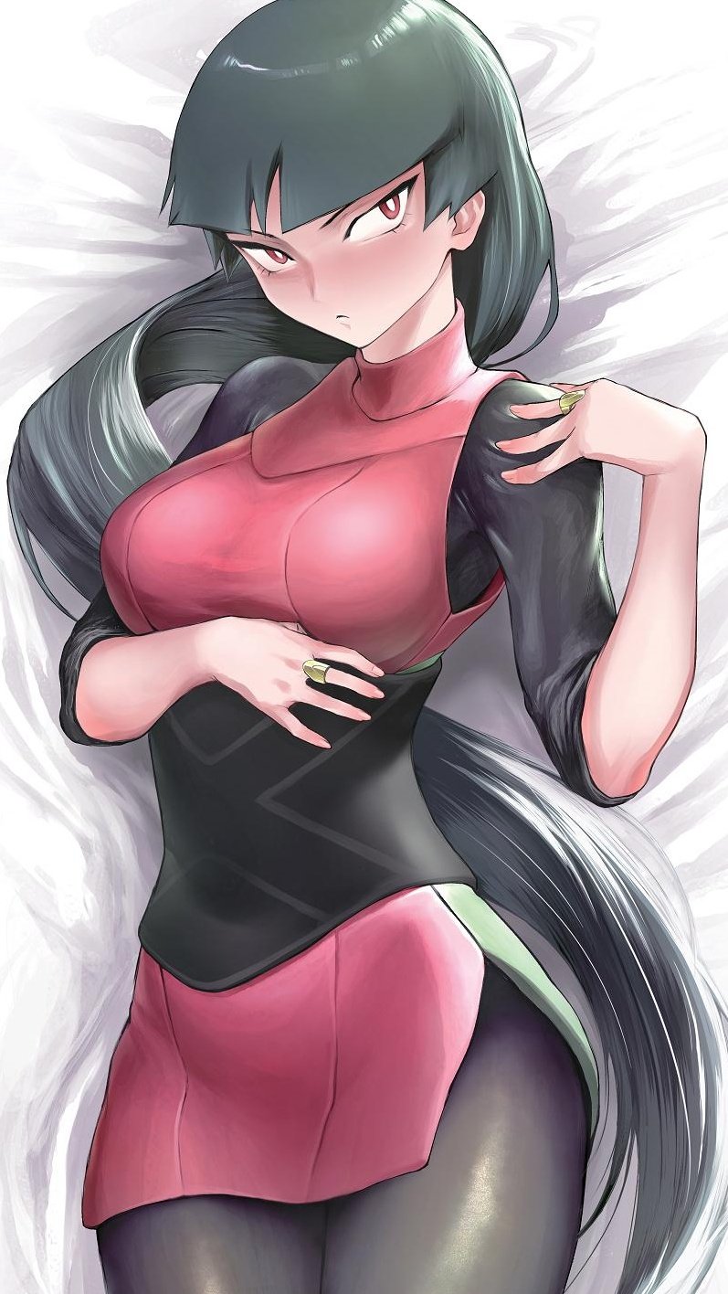 1girl bangs bed_sheet blunt_bangs bodysuit breasts bright_pupils closed_mouth commentary_request cowboy_shot crop_top eyelashes from_above green_hair highres hirokanekure jewelry long_hair lying on_back pokemon pokemon_(game) pokemon_lgpe red_eyes ring sabrina_(pokemon) sash shiny shiny_clothes skirt sleeves_past_elbows solo turtleneck white_pupils