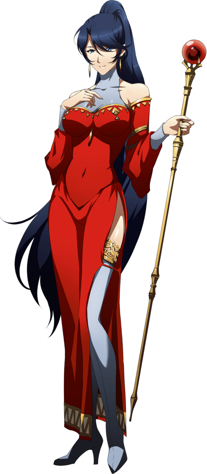 1girl bangs blue_eyes blue_hair boots closed_mouth collarbone detached_sleeves dress full_body high_heel_boots high_heels high_ponytail highres holding holding_staff jessica_(langrisser) langrisser long_dress long_hair long_sleeves looking_at_viewer official_art red_dress red_sleeves shiny shiny_hair shiny_skin side_slit sleeveless sleeveless_dress smile solo staff standing swept_bangs thigh-highs thigh_boots transparent_background turtleneck very_long_hair white_footwear