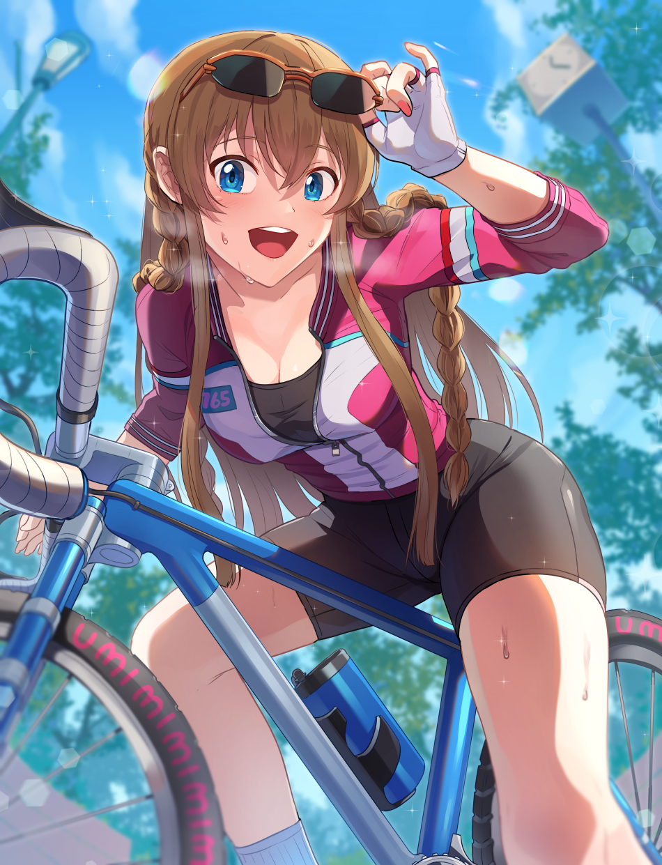 1girl adjusting_eyewear bangs bicycle bike_jersey bike_shorts black_shorts blue_eyes blue_sky blurry blurry_background bottle braid breasts brown-framed_eyewear brown_hair clouds cloudy_sky commentary cycling_uniform depth_of_field eyebrows_visible_through_hair fingerless_gloves gloves ground_vehicle highres idolmaster idolmaster_million_live! jacket kamille_(vcx68) kousaka_umi lamppost long_hair looking_at_viewer medium_breasts open_mouth over-rim_eyewear pink_jacket semi-rimless_eyewear shorts side_braid sitting sky smile socks solo sunglasses sweat twin_braids unzipped water_bottle white_gloves white_legwear